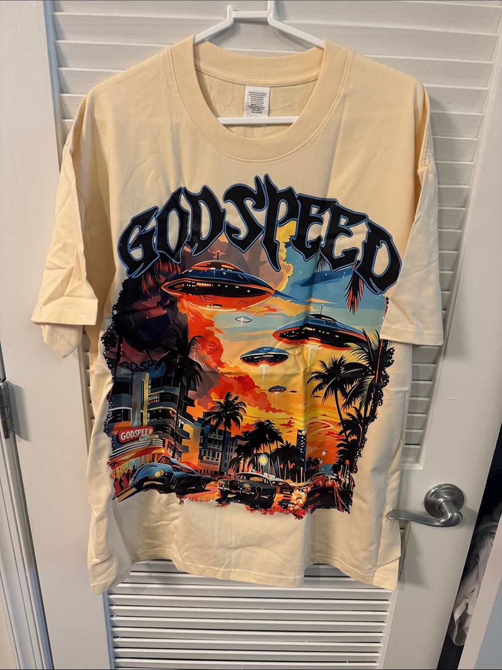 New! “Godspeed” Graphic Tee in Cream with Sunset Print